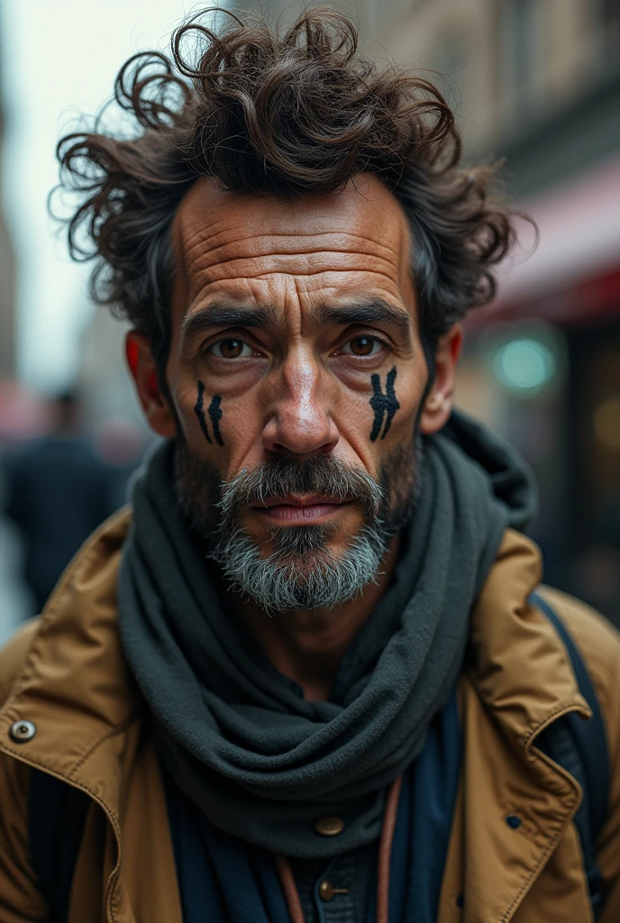 Homeless man with two signs on his face on the right side, curly hair up high