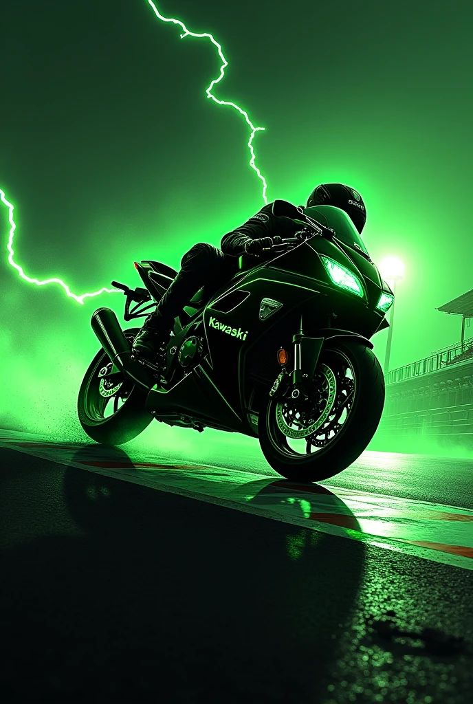The silhouette of a green lightning bolt combined with a Kawasaki Ninja 300 motorcycle., falling on the track, The bike is in profile and under the surface it says "Green ray", It's an epic and eye-catching logo design, drawing style.