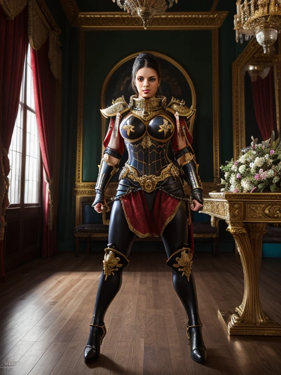 a busty and alluring adepta sororitas of the donning slimfit sport suite at the royal palace gym, realistic, professional, masterpiece, portrait photography, 8k, highly detailed, photorealistic, cinematic lighting, striking pose, dynamic composition, flawless skin, intricate details, beautiful eyes, elegant hairstyle, muscular physique, graceful movement, ornate power armor, shimmering fabric, opulent palace interior, dramatic shadows, vibrant colors
