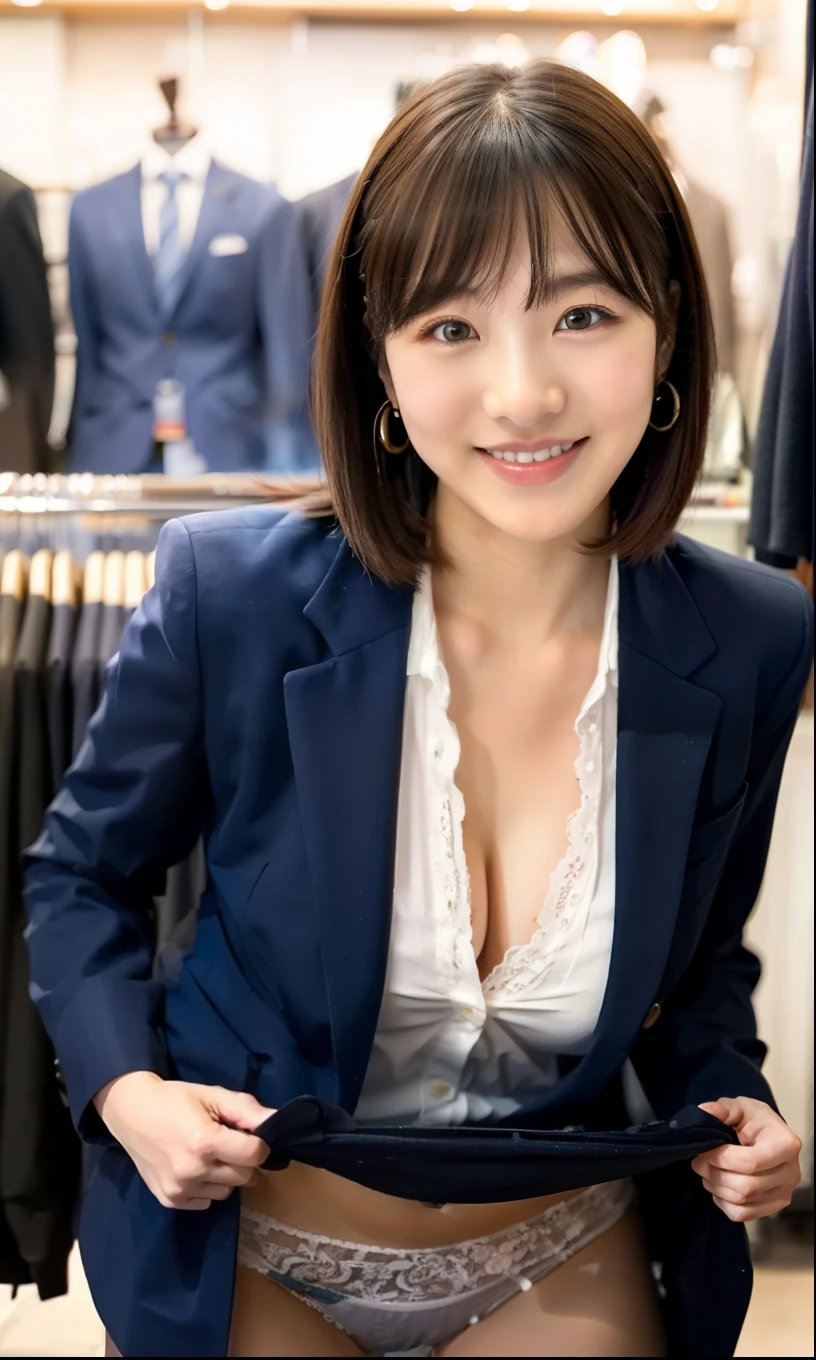 leaning forward:1,bent over,Inside a suit shop,(The skin is wet from sweat),(Wearing a shirt:1.2),Suits lined up,Put your hands forward,looking at the camera,Cleavage,smile,Skirt Lift、Lift your skirt with your hands,woman, 20-year-old, Short Hair、bangs、(Plain suit skirt),(White lace panties)、Cute earrings