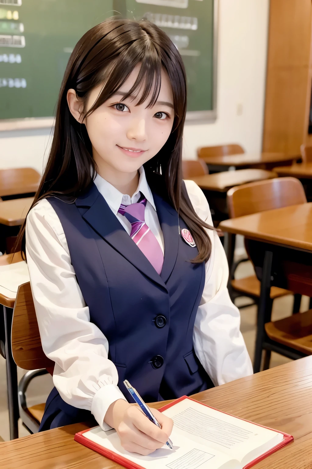 smiling, cute japanese woman, school uniform, Studying history