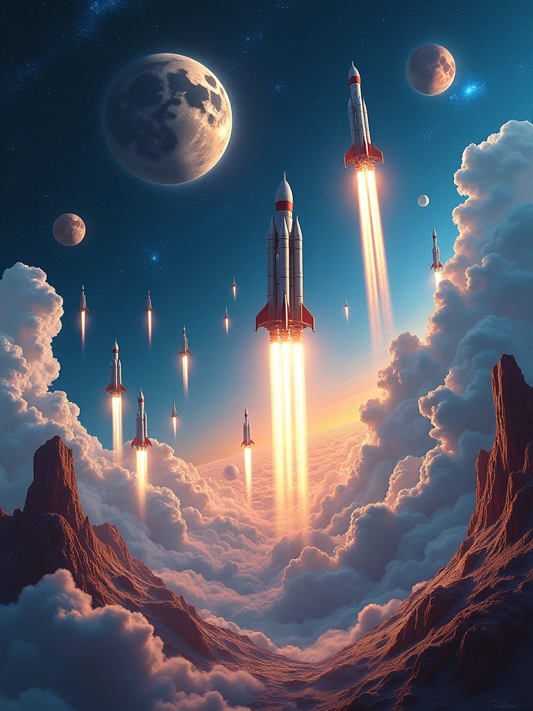 a background with several designs related to space, with rockets, planets, stars. .