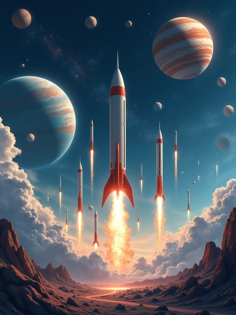 a background with several designs related to space, with rockets, planets, stars. .
