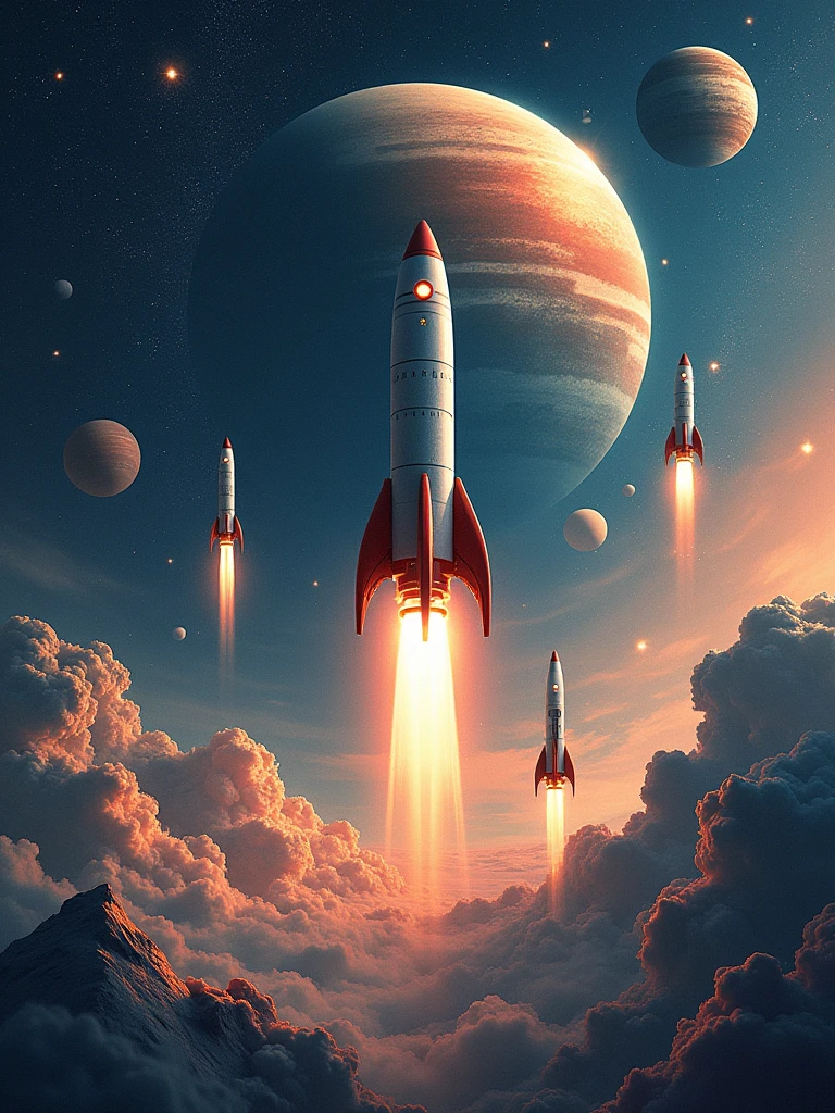 a background with several designs related to space, with rockets, planets, stars. .