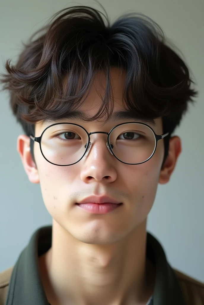 Realistic photo of an 18-year-old male teenager with dark brown hair. He wears almost round framed glasses. He has a French Crop haircut. that is to say, hair forward and not very long, with a short textured fringe, faded on the sides