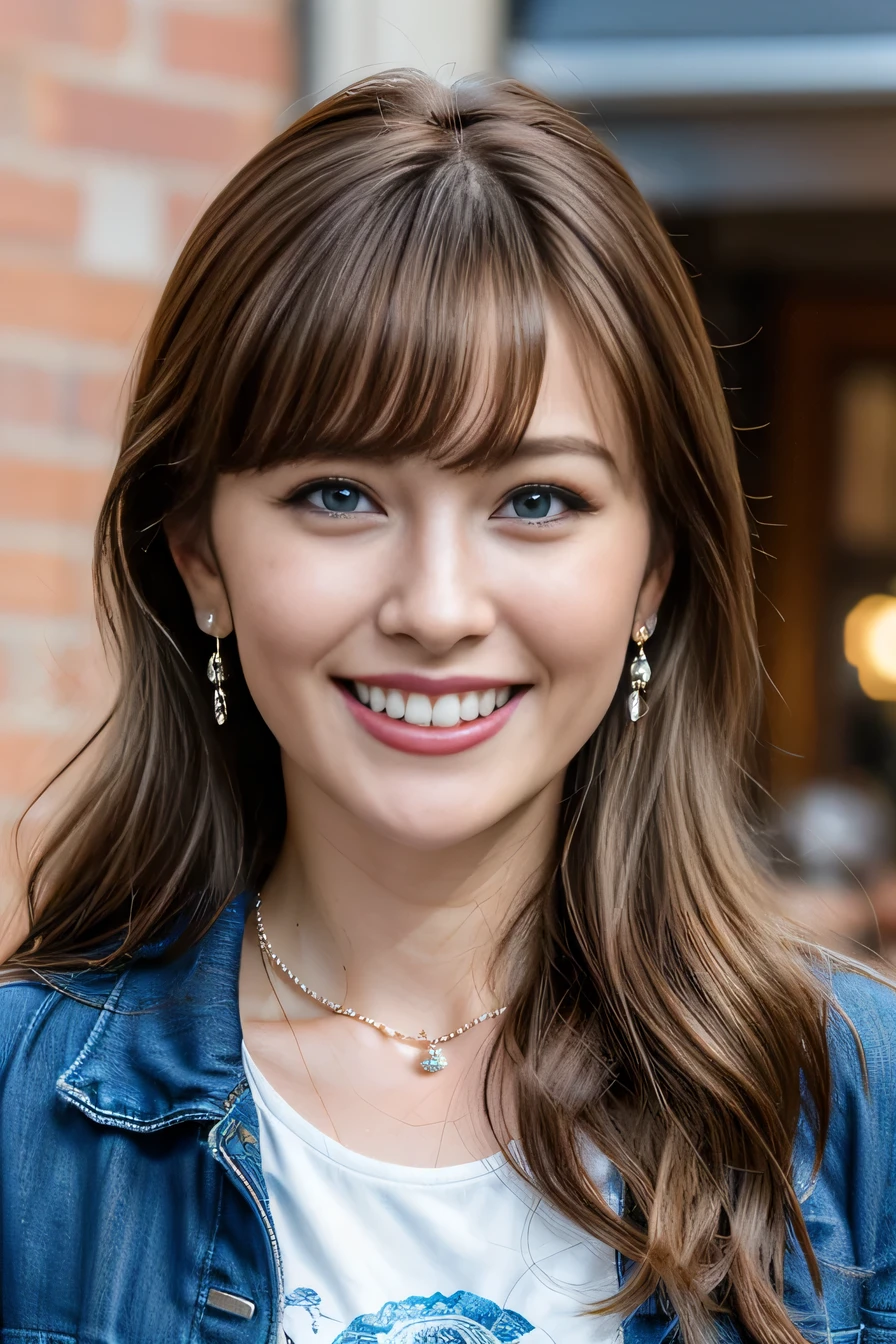 Highest quality, masterpiece, Ultra-high resolution, Beautiful Caucasian Woman、smile、Beautiful teeth alignment、Blonde Hair、blue eyes、hairstyle semi long、Wavy Hair、leather jacket、shirt、Ear piercing、necklace、The background is a town street