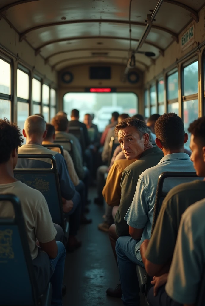 A white man with straight black hair sitting on a tired bus arriving from work, while a group of clearly black people sit in the back of the bus with a speaker and making a lot of noise talking very loudly disturbing the white people. Ultra realistic 4k image with a man facing forward