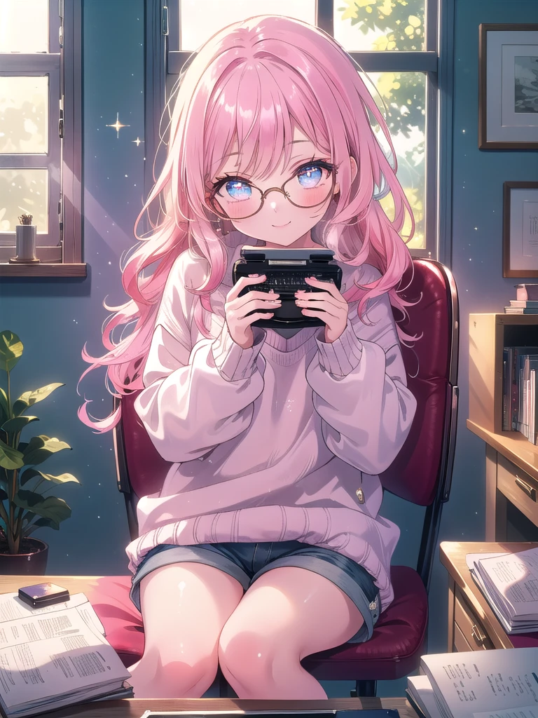((8k, Highest quality, masterpiece: 1.3)),Ultra-high resolution,(1 girl, alone), (Color changing eyes, Ultra-detailed, Expressive brilliance, Glitter, Glowing Eyes), Highly detailed eyes, Highly detailed face, Random Hair, ((pastel colour)),A cheerful young woman with pastel pink hair styled into loose waves, sitting at her desk in her sunlit bedroom during a bright morning. She is dressed in a cute yet subtly sexy writer cosplay, wearing an oversized sweater, a pair of knee-length shorts, and reading glasses perched on her nose. The camera captures her from a slightly elevated angle as she smiles warmly while typing on an old-fashioned typewriter, her expression full of creativity and focus. The room is filled with natural sunlight, with a few notebooks and pens scattered on the desk, a cozy blanket draped over the chair, and a warm, literary atmosphere,(nsfw:1.2)

