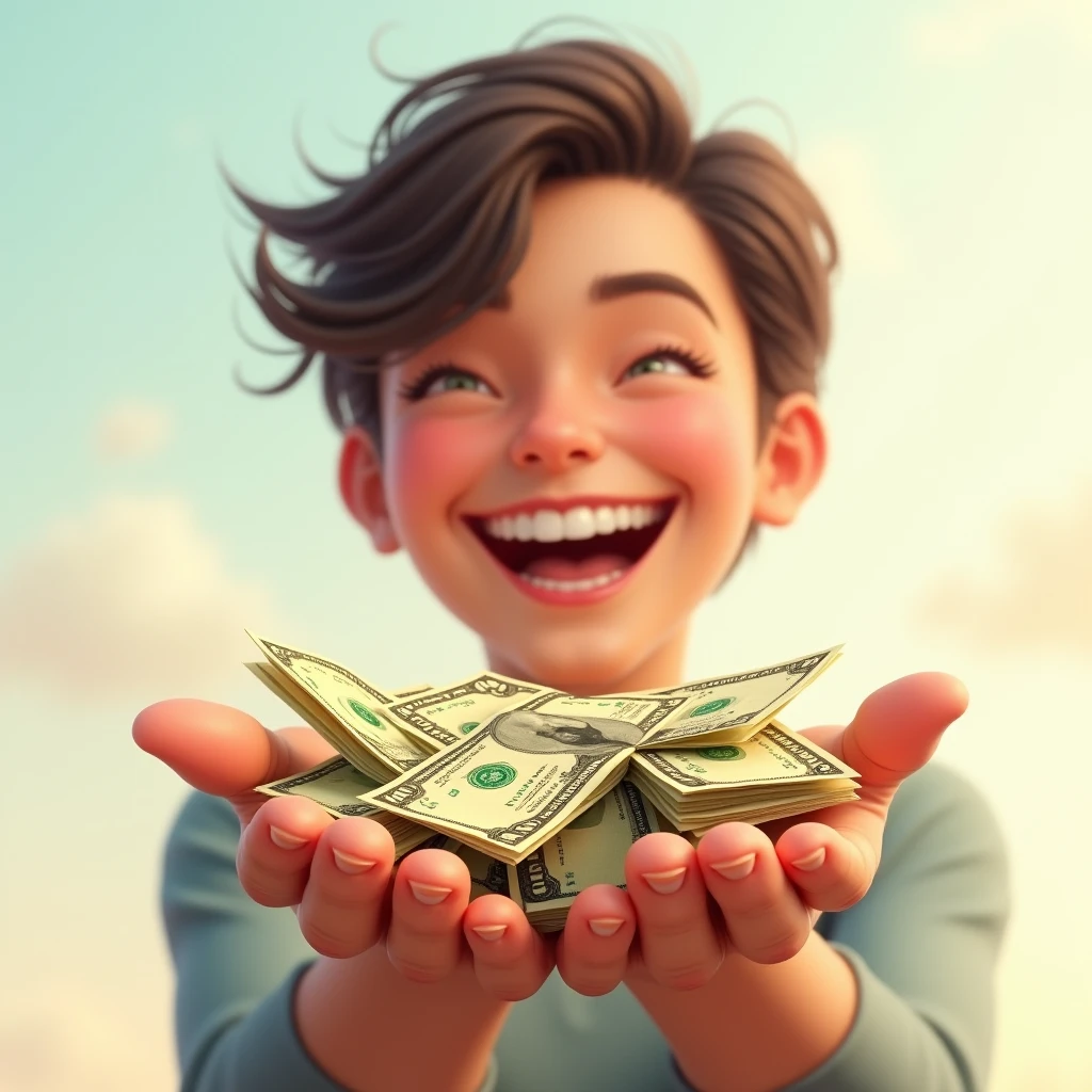 create a high definition image that captures a hand with plenty of money | Visualize a happy person with a smile on their face. The background should evoke a light and free atmosphere. | The composition should emphasize richness