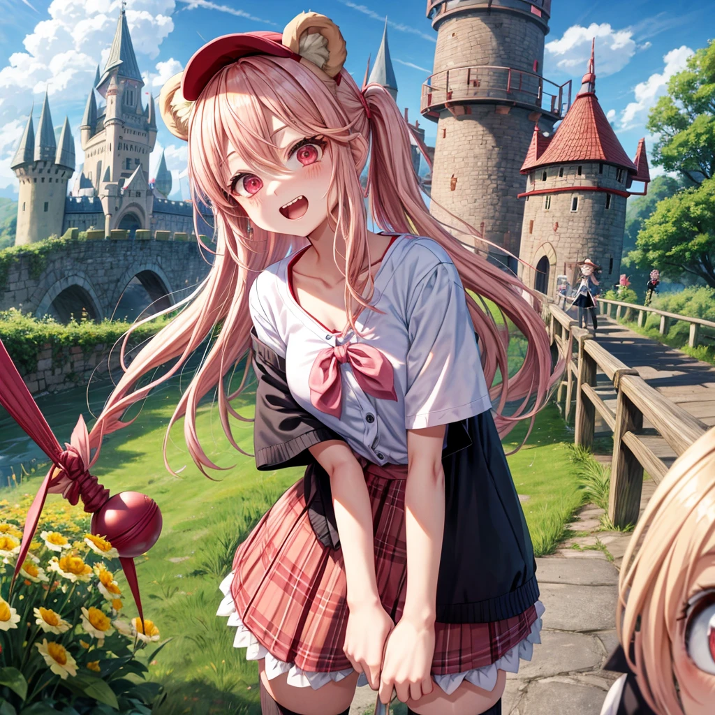 Pink Blonde、Red eyes、Hair tied up、Two cute、Checked mini skirt、black t-shirts、cardigan、Knee-high socks、bear ears baseball cap、Teeth are visible、Monster Castle、Tilting face、crossing the bridge、hazakura、windmill、grass、Stones are growing