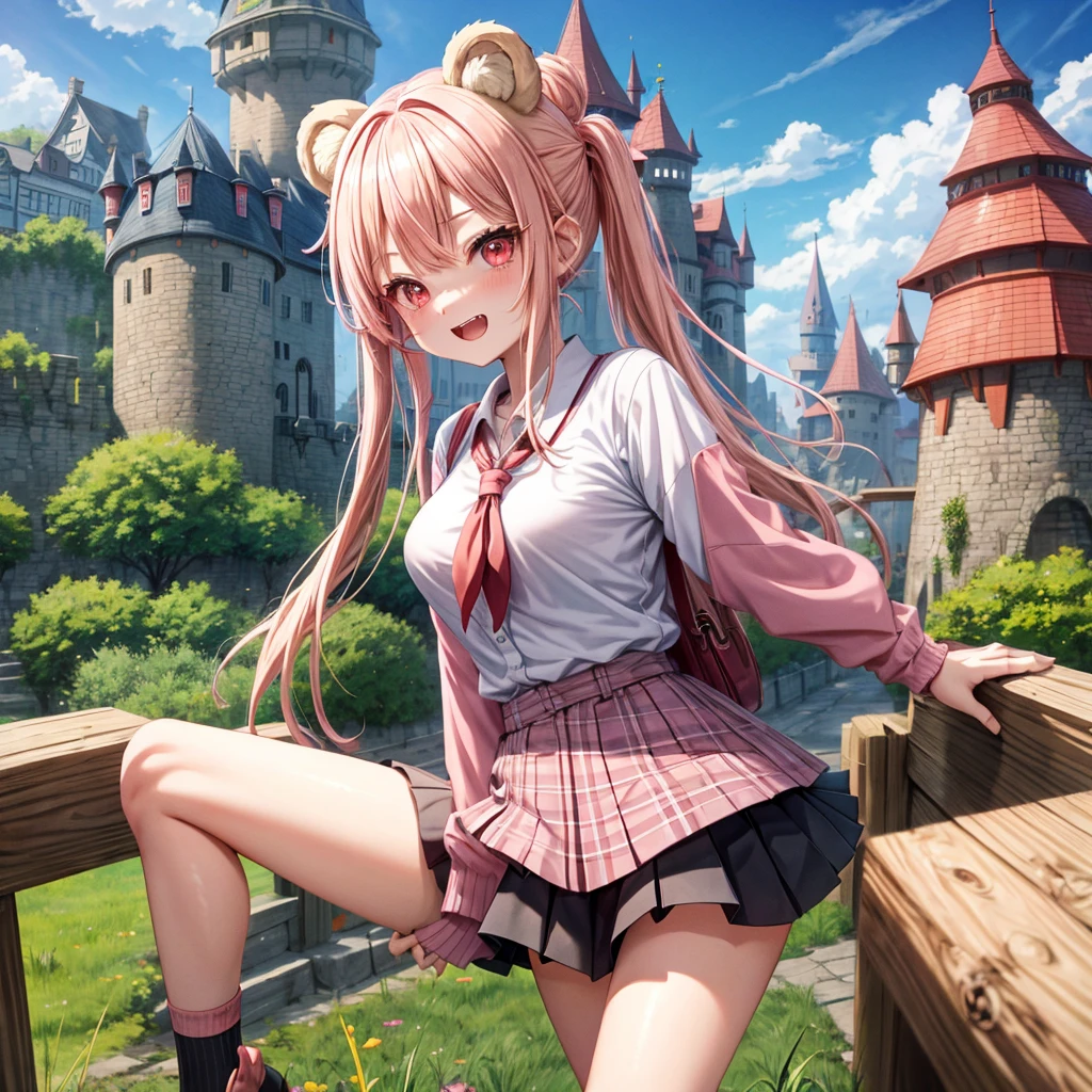 Pink Blonde、Red eyes、Hair tied up、Two cute、Checked mini skirt、black t-shirts、cardigan、Knee-high socks、bear ears baseball cap、Teeth are visible、Monster Castle、Tilting face、crossing the bridge、hazakura、windmill、grass、Stones are growing