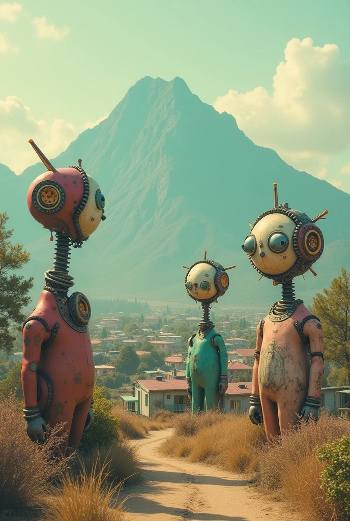 a group of creature with gear head, mountain and houses on the background, 1960s neighborhood, pastel colors, surreal atmosphere, dreamcore, raw photo, film grain, drone shot, shot using 1960s camera