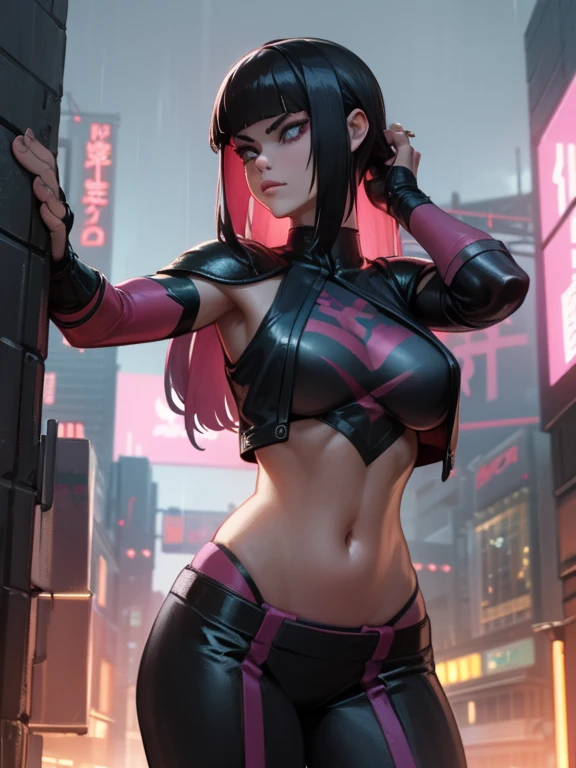a futuristic female warrior holding a katana, (finely detailed skin), pale skin, (in a deep neckline highly detailed sexy futuristic cyberpunk black crop top and underpants made of circuit boards, japanese words with a flare effect, beautiful epic composition, futuristic, masterpiece, appealing, posing for a photo, attractive female superhero, long pink hair, leather and floral steampunk and floral outfit, rainy city setting, dusk lighting, cinematic, realistic, detailed, photograph