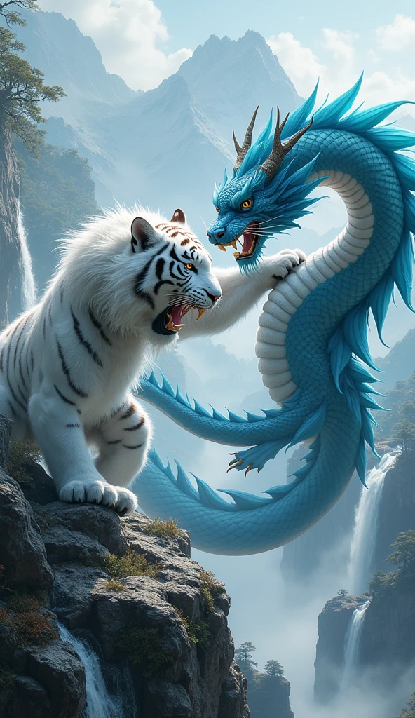 Ultra detailed, high resolution, 4k, masterpiece, The white tiger of the west Bai Hu in a close melee combat with the azure dragon of the east Seiryu, Chinese mountains background, 