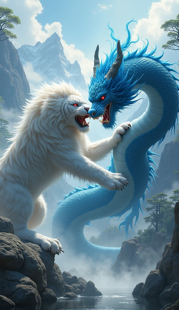 Ultra detailed, high resolution, 4k, masterpiece, The white tiger of the west Bai Hu in a close melee combat with the azure dragon of the east Seiryu, Chinese mountains background,