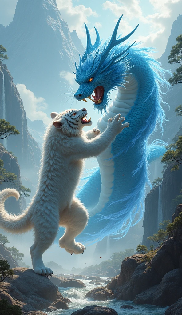 Ultra detailed, high resolution, 4k, masterpiece, The white tiger of the west Bai Hu in a close melee combat with the azure dragon of the east Seiryu, Chinese mountains background,