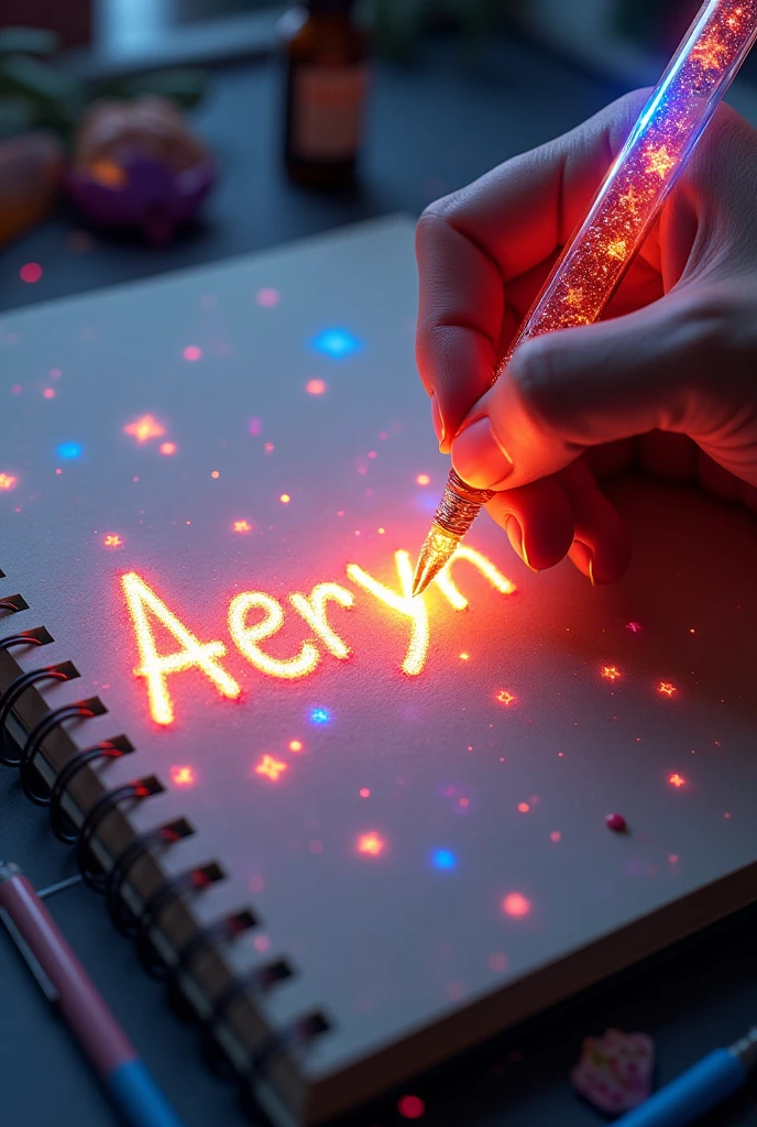 A mesmerizing, hyper-realistic 16K 3D illustration captures a magical moment of pure creativity. A talented artist masterfully sketches a message, "Aeryn ", in a notebook. El texto está compuesto de Vibrantse, Sepia stars that smoothly transition across the spectrum.. The hand of the artist, holding a transparent pen filled with radiant stars, it's exquisitely detailed, symbolizing unlimited creativity and imagination. The background is a three-dimensional sketchbook with elements scattered throughout.., adding depth and dimension to this captivating, GAMEffiti-inspired scene. The illustration radiates energy, motion, and Vibrant colors, making it a true work of art that celebrates creativity and imagination.., GAME, cinematographic, Vibrant, GAMEffiti, chart, typoGAMEphy, product, illustration, Photo, 3d rendering, fashion, dark fantasy