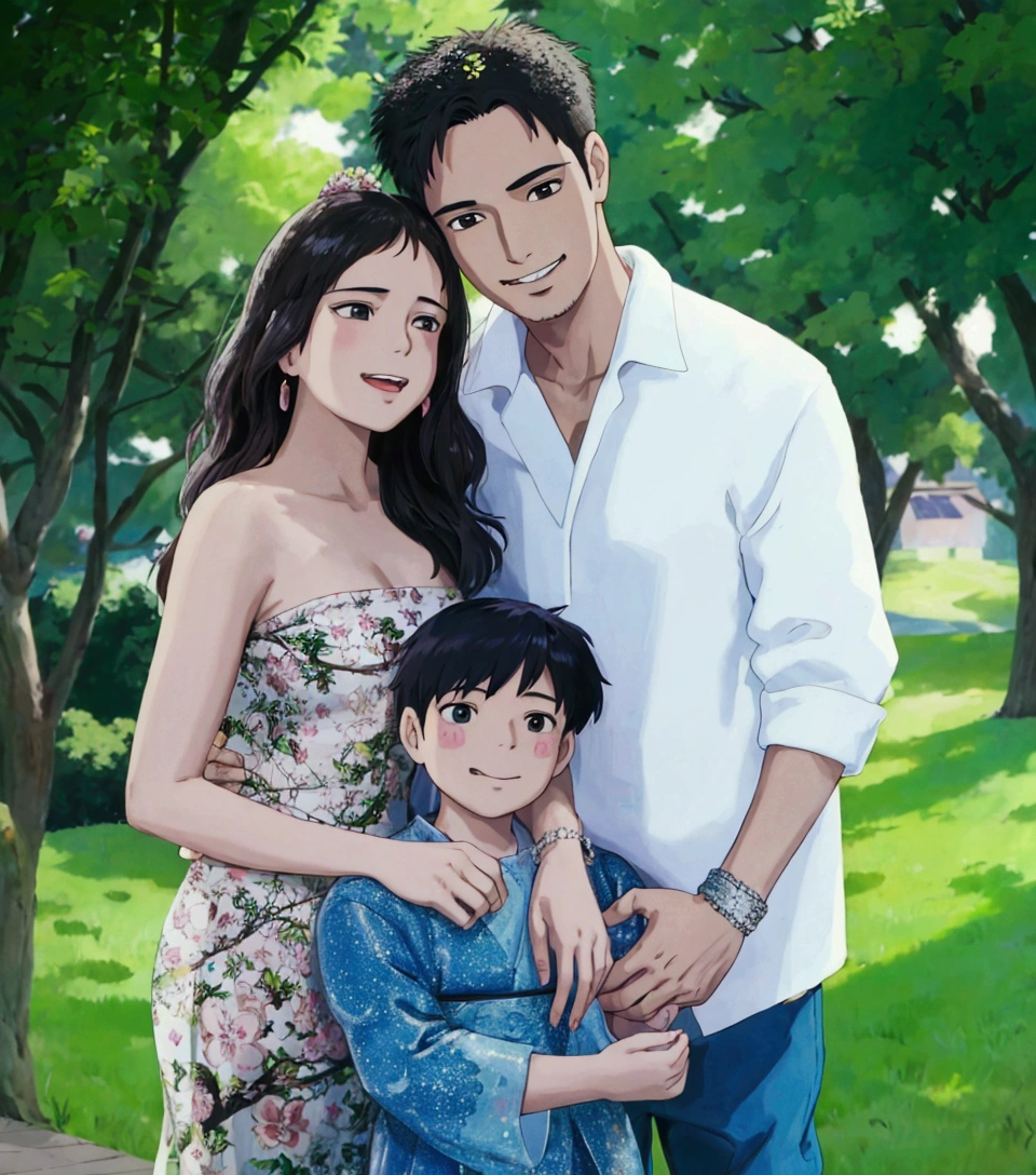 ghibli style, a man and woman posing for a picture with a boy, husband wife and son, duy beni serial, ruan jia beautiful!, happy family, patiphan sottiwilaiphong, photoshoot, yanjun chengt, backdrop, patiphan sottiwilai, family, jia, fanart, a handsome, yamy, official, thawan duchanee, smile