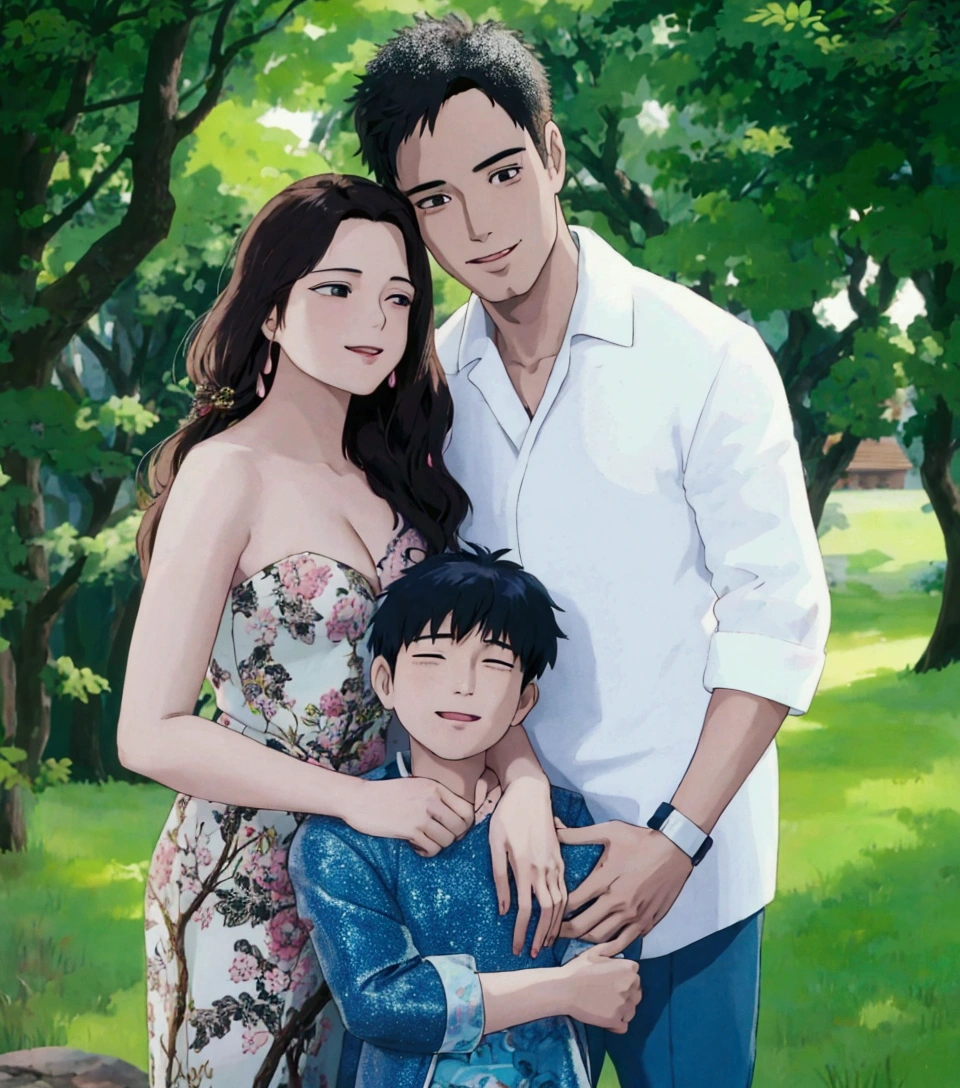 ghibli style, a man and woman posing for a picture with a boy, husband wife and son, duy beni serial, ruan jia beautiful!, happy family, patiphan sottiwilaiphong, photoshoot, yanjun chengt, backdrop, patiphan sottiwilai, family, jia, fanart, a handsome, yamy, official, thawan duchanee, smile