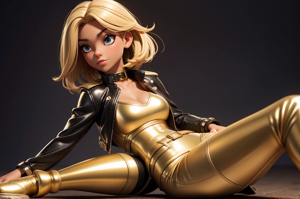 obra prima, melhor qualidade, ((only one woman,)) ((elizabeth pipko, dark tan skin, blonde bob hair,)) erect cone tits, ((wearing shiny gold leather biker moto jacket,)) ((jacket has padded shoulders, jacket has stiff high collar,)) (((wearing shiny gold leather pants,))) body is very skinny, ((laying down, resting on one hip,)) ((camera back of body view,)) shallow depth of field, highres, HD, 8k, anatomically correct