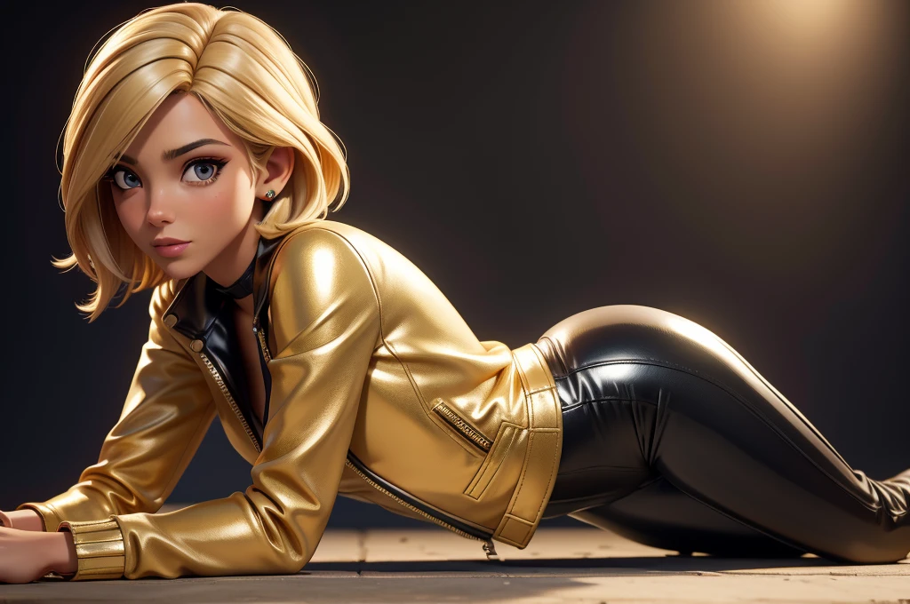 obra prima, melhor qualidade, ((only one woman,)) ((angie dickinson, dark tan skin, blonde bob hair,)) erect cone tits, ((wearing shiny gold leather biker moto jacket,)) ((jacket has padded shoulders, jacket has stiff high collar,)) (((wearing shiny silver leather pants,))) body is very skinny, ((laying down, resting on one hip,)) ((camera back of body view,)) shallow depth of field, highres, HD, 8k, anatomically correct