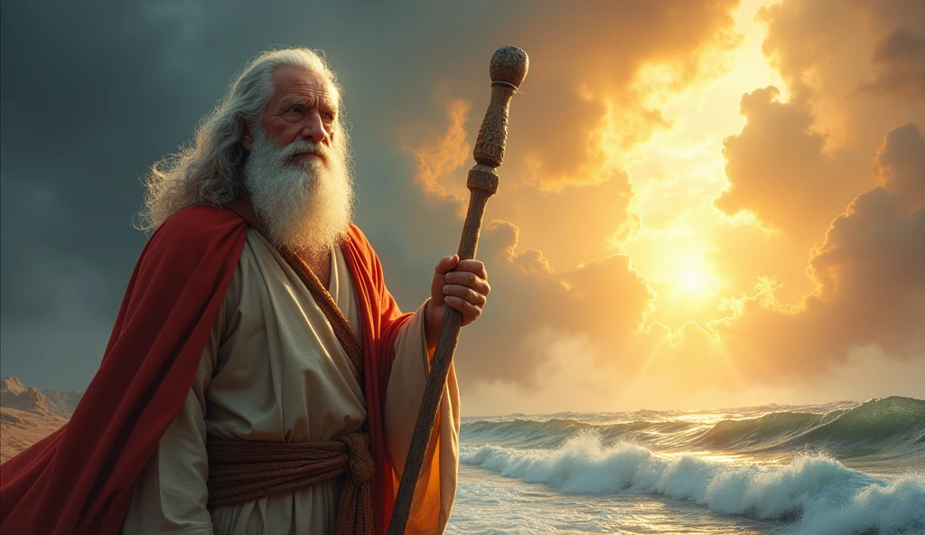 An epic portrait of Moses, an elderly Hebrew man with a long beard, wearing traditional clothing and holding a staff, surrounded by a bright light. Ao fundo, a dramatic sky opening with rays of sun shining over the Red Sea. The text 'Who Was Moses?' in a bold antique font in the upper left corner, and 'The Leader Who Freed Israel!' in a slightly smaller size in the lower right corner, both in white with a dark shadow for contrast. Emphasize warm colors like gold and deep blue to invoke a sense of heroism and history, FORMAT 16:9