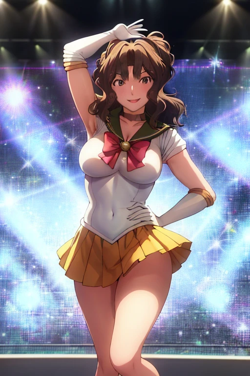 masterpiece, high definition, best quality, rendered art, well formed hands, fingers and body, 1 woman, solo, Kaoru Tanamachi, 31 years old, adult, grown up, wearing Sailor Moon's outfit, big breasted, cleavage, full body, sexy sailor senshi uniform, short blue skirt, red boots, gorgeous hips, legs and thighs, blond, white elbow gloves, sailor collar, tiara, earrings, dancing seductively and erotically, shaking her body, showing her back and front, wind lifting skirt, smiling joyfully and brightly, looking at the viewer, flirting, beach environment 