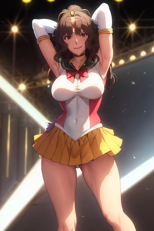 masterpiece, high definition, best quality, rendered art, well formed hands, fingers and body, 1 woman, solo, Kaoru Tanamachi, 31 years old, adult, grown up, wearing Sailor Moon's outfit, big breasted, cleavage, full body, sexy sailor senshi uniform, short blue skirt, red boots, gorgeous hips, legs and thighs, blond, white elbow gloves, sailor collar, tiara, earrings, dancing seductively and erotically, shaking her body, showing her back and front, wind lifting skirt, smiling joyfully and brightly, looking at the viewer, flirting, beach environment 