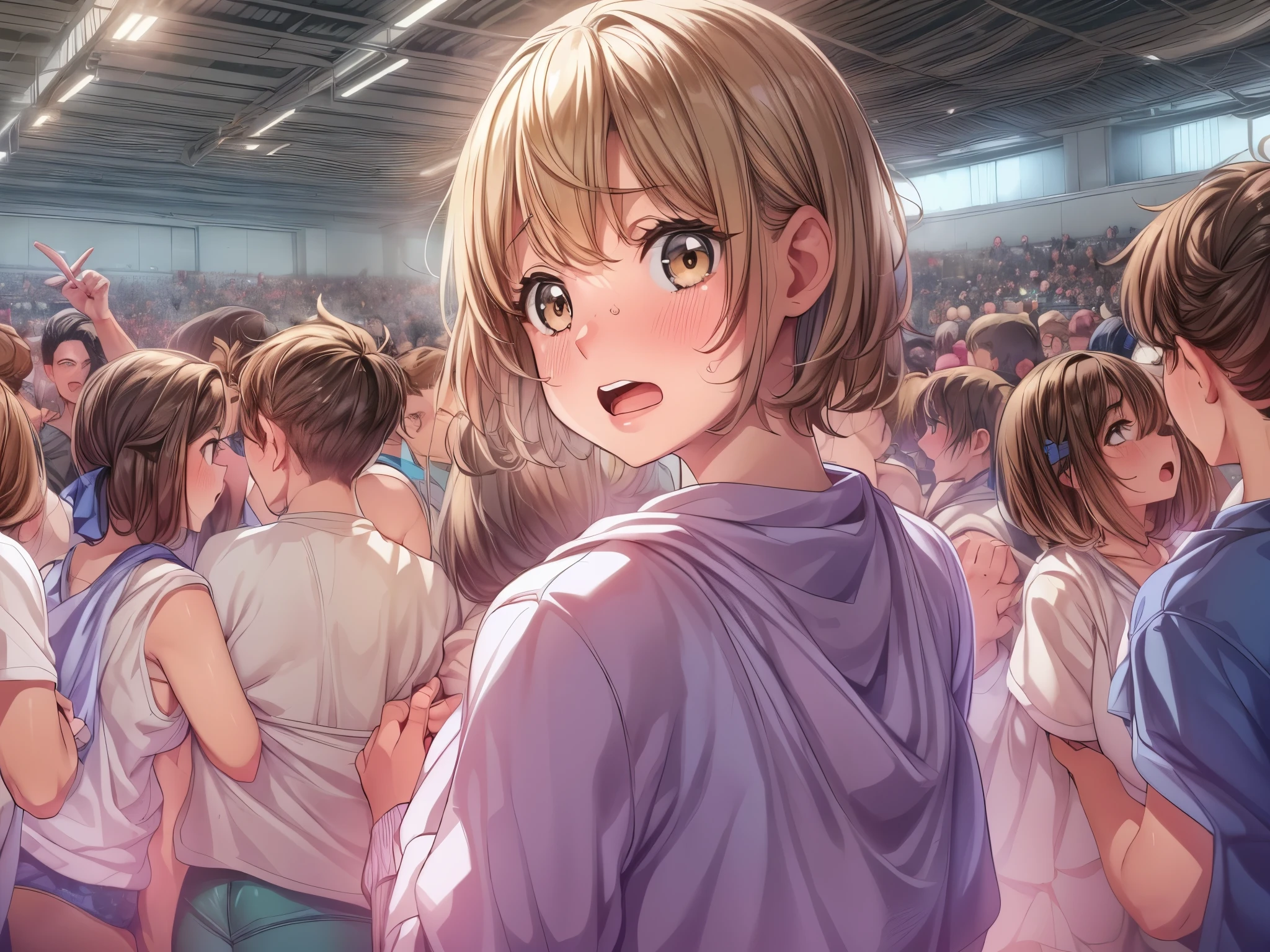 super fine illustration, an extremely cute and beautiful 18 girl, highly detailed beautiful face and eyes, (masterpiece:1.2), (best quality:1.2), wallpaper 8k CG, very precise detailed, highres,18 years old, anime screenshot, (long distance shot, (perfect anatomy), perfect five fingers, beautiful detailed short hair, brown hair, delicate arms and hands, flat chest, slim legs, brown eyes, authentic skin texture, 18 year old girl caught standing in front of the classroom, standing in the middle of the crowd of students, wearing just underwear BREAK wearing just white cotton underwear, sports bra, briefs panties with printed hearts BREAK add a lot of people, long distance shot, clear face, (embarrassed, panicking, upturned eyes, full-face blush, open mouth, parted lips:1.3), long distance shot, full body view, wearing white ankle socks only, not wearing shoes, standing in the middle of the crowd, crowd laughing ((huge ass, from behind))