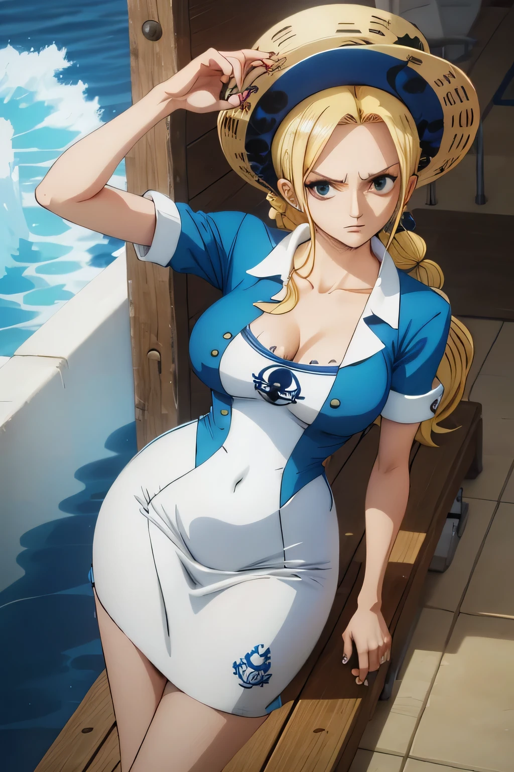 A woman wearing white and blue clothes with the name Marina and the navy symbol in the one piece style