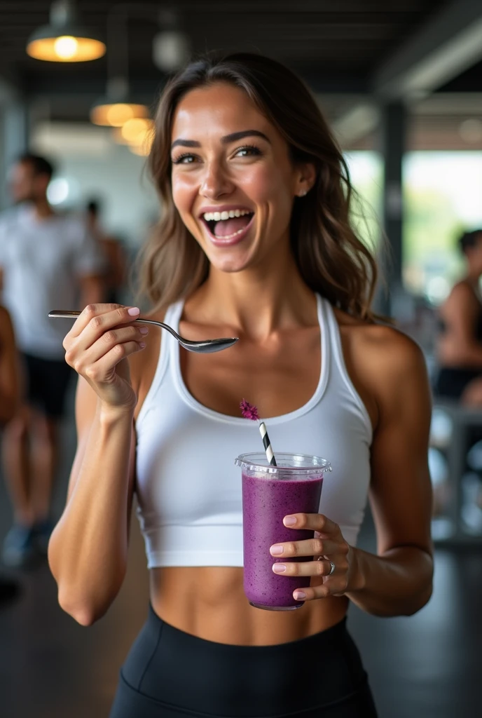 A Brazilian woman at the gym, The woman has a defined body, wearing a white gym shirt with black leggings, with a close-up capturing the moment, she is having a cup of acai , showing off your natural charm and outgoing personality, She has her mouth open, ready to consume the acai, and with a spoon in hand she shows satisfaction in eating. There are people in the background of the landscape watching her eat