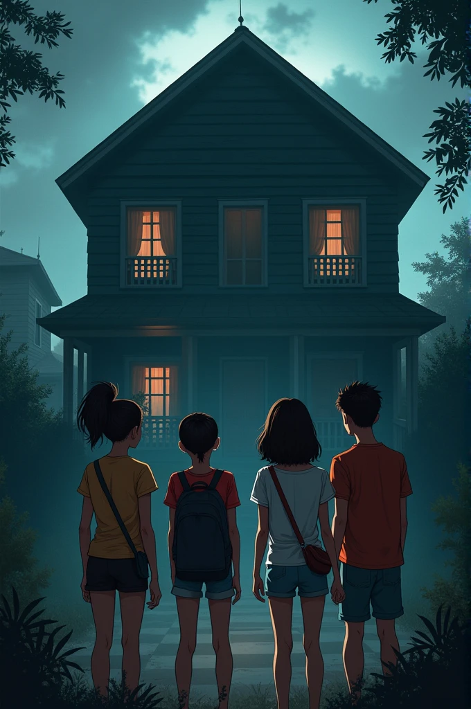 2. Youth Group in Front of the House
   - Scene 2: Four teenagers—Andi, Rina, Budi, and Siska—stood in front of the house with mixed expressions of fear and curiosity. They prepared to enter the house even though they looked hesitant.