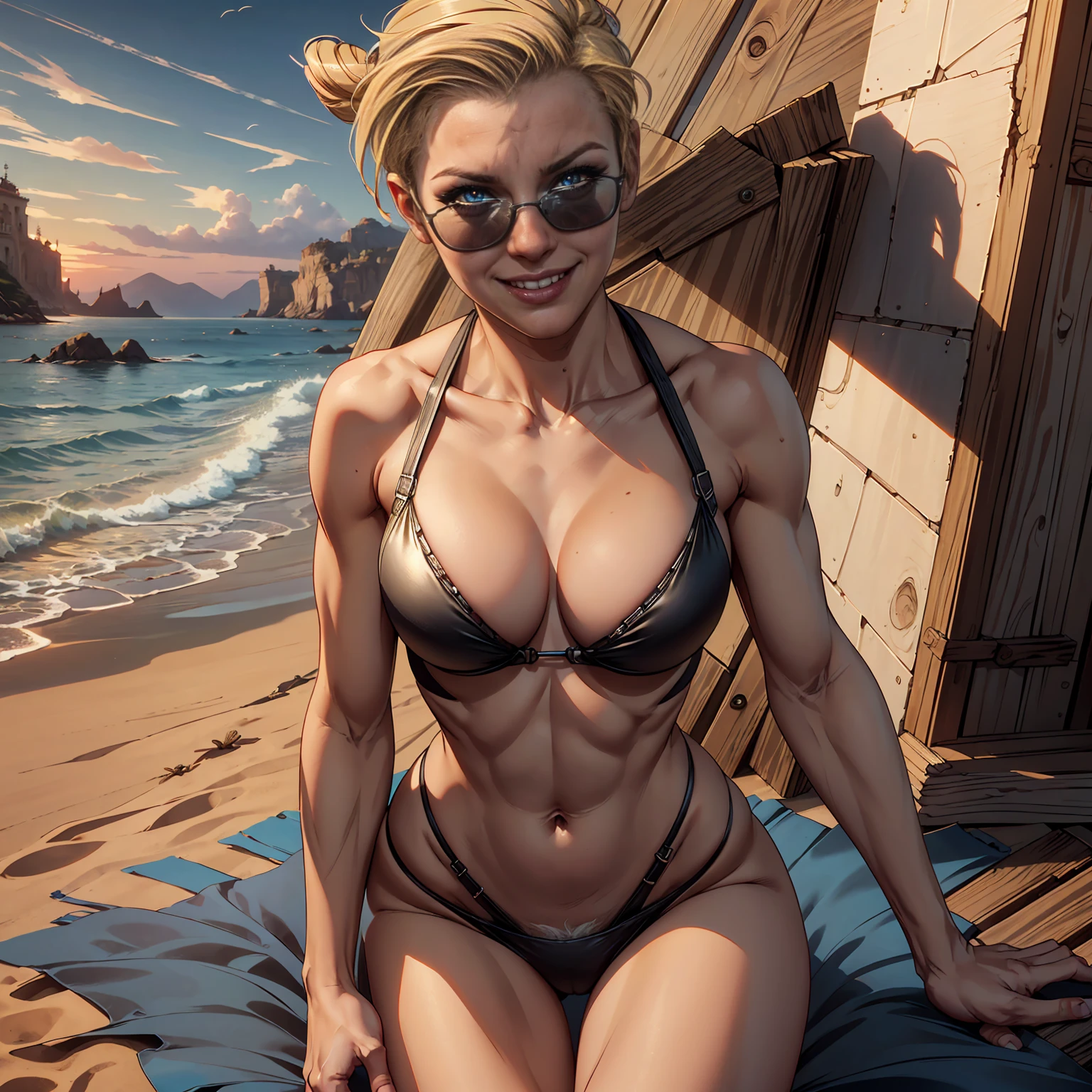 ((solo,1woman, mature, alone))), Cassie Cage , ((blonde hair, undercut, single hair bun, blue eyes, sunglasses, wide eyes, body fur, makeup, narrow waist, skinny, medium breasts)), pelvic curtain, ((black bikini)), full body, perfect body, (insanely detailed, beautiful detailed face, masterpiece, best quality), (extremely detailed 8k paper CG wall unit: 1.1), (beach settings, dusk), (smile face for the viewer),