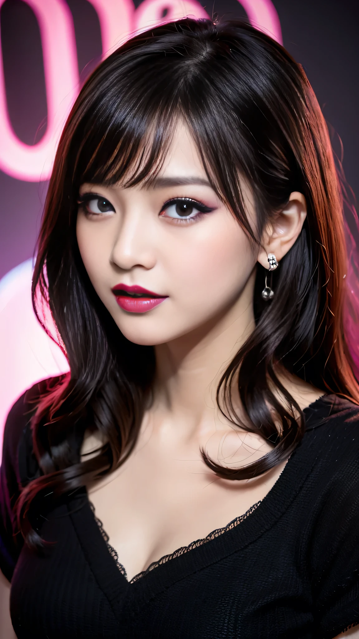 best quality、ultra-detailed、8k、Japanese、Seductive beauty、seductive adult woman、Pretty Woman、cool girl、smirk、Wicked Smile、Villainess、brainwash makeup、brainwash、Fallen into evil、Evil look、evil、Brown hair、wavy hair、swept bangs、dark makeup、piercing eyes、hollow eyes,half-closed eyes、Hollow Eyes、purple Eyeshadow、black lipstick、black lipglos、Dark Makeup、Black Cheongsam、night、inside darkroom、Kiss、I have lipstick、Are standing、Offer、