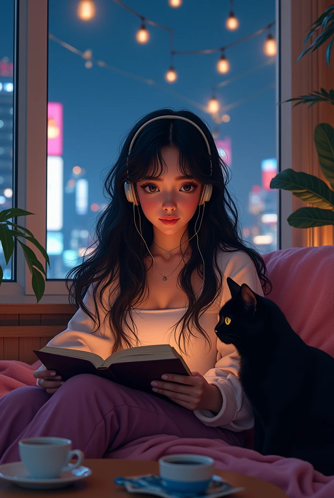 Highest quality, 8k, 1990s style,Hairstyles of the 2010s, 21 year old girl, Black Hair, Long Hair, Light brown eyes, City Pop, pants ,Night view, Wear headphones,Reading a book, whole body, Relax Coffee,table,making,look at me, Black cat