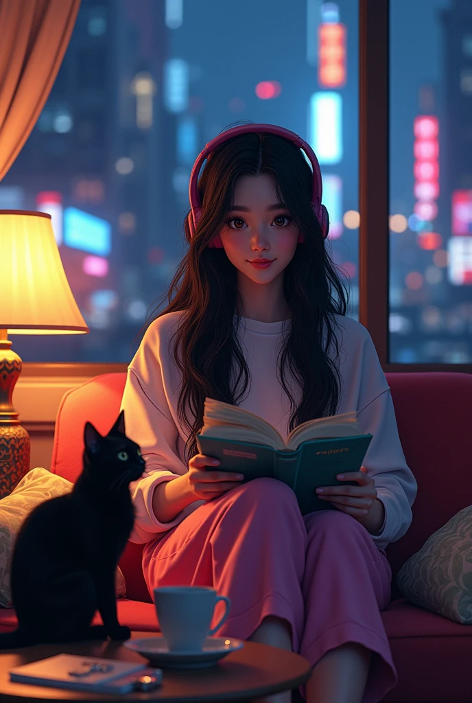 Highest quality, 8k, 1990s style,Hairstyles of the 2010s, 21 year old girl, Black Hair, Long Hair, Light brown eyes, City Pop, pants ,Night view, Wear headphones,Reading a book, whole body,  Relax Coffee,table,making,look at me, Black cat
