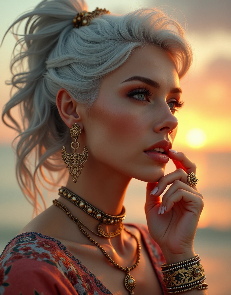 insane sunset, insane professional Illustration hand`s nails-style nails-view, Adult The photograph showcases a close-up portrait of a Old woman posed against a neutral-toned background that complements her complexion. The lighting is soft, diffused evenly to highlight the contours of her face without harsh shadows, suggesting the use of a broad light source or a reflector to achieve such balanced illumination. Her hair is swept to one side, styled to move with the wind, which adds a dynamic element to the image. The color palette is harmonious, with her tan outfit and golden accessories creating a warm, monochromatic effect. She's adorned with bold, statement jewelry—a large golden link chain as a choker and chunky lettered earrings, both contributing to a luxe aesthetic. Her finger, placed gently against her lips, draws attention to her face, which is the clear subject of the composition. She wears a broad, studded cuff on her wrist that echoes the style of the necklace, and her expression is contemplative, with her gaze slightly averted from the camera, inviting viewers to ponder her thoughts. Technically, the depth of field is shallow, keeping her features in sharp focus while softly blurring the background, which suggests the use of a lens with a wide aperture. The composition employs a tight framing that captures the model from the chest up, emphasizing her expression and the fine details of her accessories. The overall effect is one of understated elegance and high-fashion sensibility. varies,multi, etc. --v 6 --s 1000 --c 20 --q 500 --chaos 100