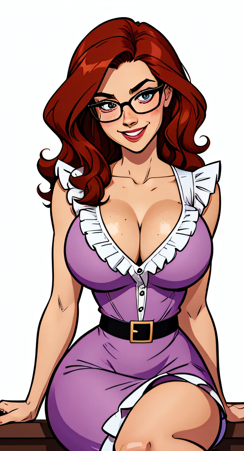 Thin woman, 4K (High definition), beautiful smiling, professor wearing a purple V-neck dress shirt (with ruffles) and central locking, black belt, long white curly hair, Caucasian skin, round glasses, shoulder length wavy red hair, sitting, eyes browns, busty with freckles. comic style, white background.