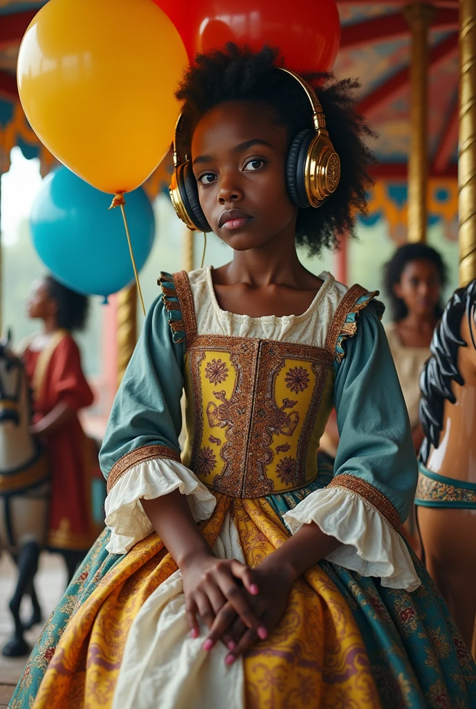 Artistic intervention with a age girl wearing Renaissance period clothing with a large decorated headphone on her ears and all star sneakers. The teen should be sitting on a carousel holding colorful balloons . In the background there are other teenagerso sitting on the merry-go-round horses.. Realistic image, the eyes should be blue and the black teenager