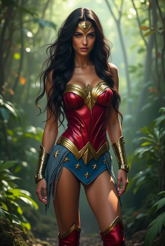 Adriana Lima under the mantle of the Amazon warrior Wonder Woman long black hair (((Red corset costume and light blue leggings with stars))),(((Red boots))),(((Diaema Wonder Woman on her forehead))),(((Long gold bracelets)))