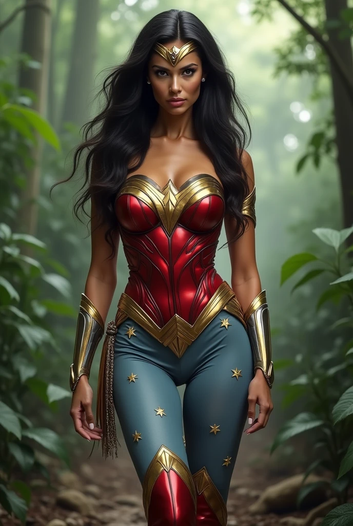 Adriana Lima under the mantle of the Amazon warrior Wonder Woman long black hair (((Red corset costume and light blue leggings with stars))),(((Red boots))),(((Diaema Wonder Woman on her forehead))),(((Long gold bracelets)))