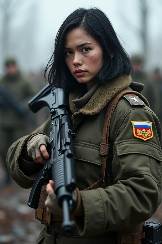 Russian soldier with a medium black hair and a rifle in hands