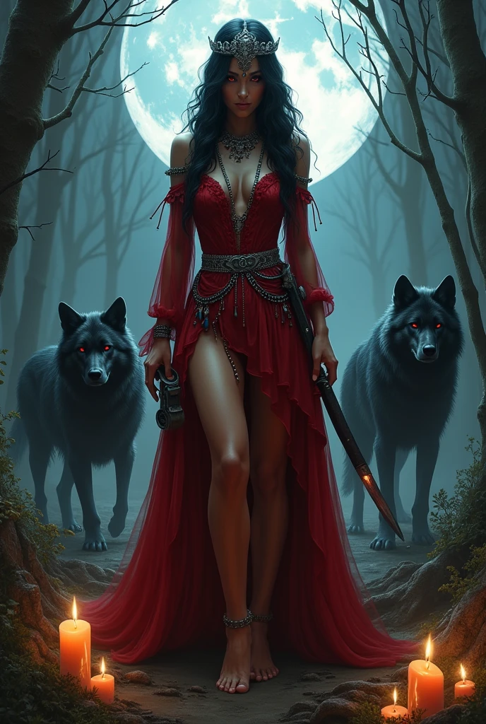 Brown skinned woman, long wavy black fur, full moon light, forest or swamp, expensive clothes, knife or dagger in leg, shrill in hand, silver crown, half up hair, barefoot, many black wolves in the background, veil covers face, Red eyes, red and red dress, necklaces, candles, calaveras