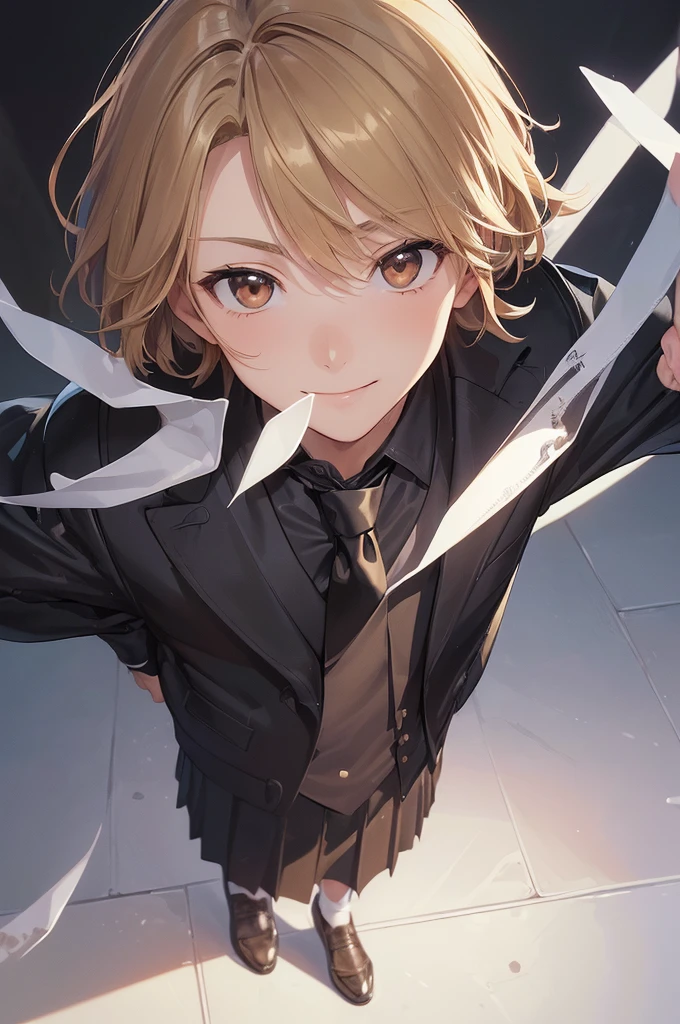 (((masterpiece; best quality: 1.2))), (finely detailed eyes: 1.3), ((1 male )), ((solo)), (brown eyes: 1.4), (body shape; lean, masculine, manly: 1.3), (very short blond hair: 1.3), (clear background: 1.2), ((depth of field)), (equipment: school uniform + black jacket + black necktie + white shirt: 1.3), (anime illustration: 1.2), (background composition; japanese highschool classroom + furniture: 1.1), (extremely handsome: 1.1), (shot composition; standing + centered on face + medium-shot close-up: 1.5), (facial expression; calm + smile: 1.2)