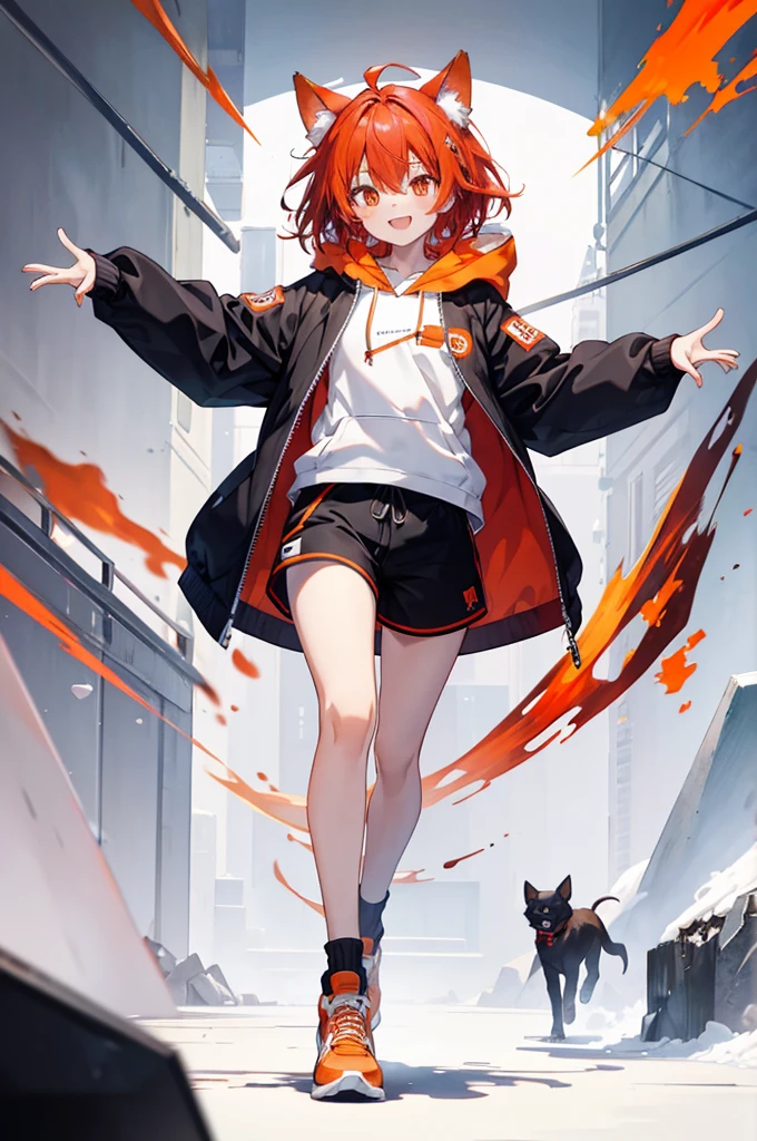 Full body portrait，front，male　Red Hair，Orange Eyes，Dog ears，，About，White hoodie outfit，Mouth open，smile，Moe sleeves，Pause，Black shorts