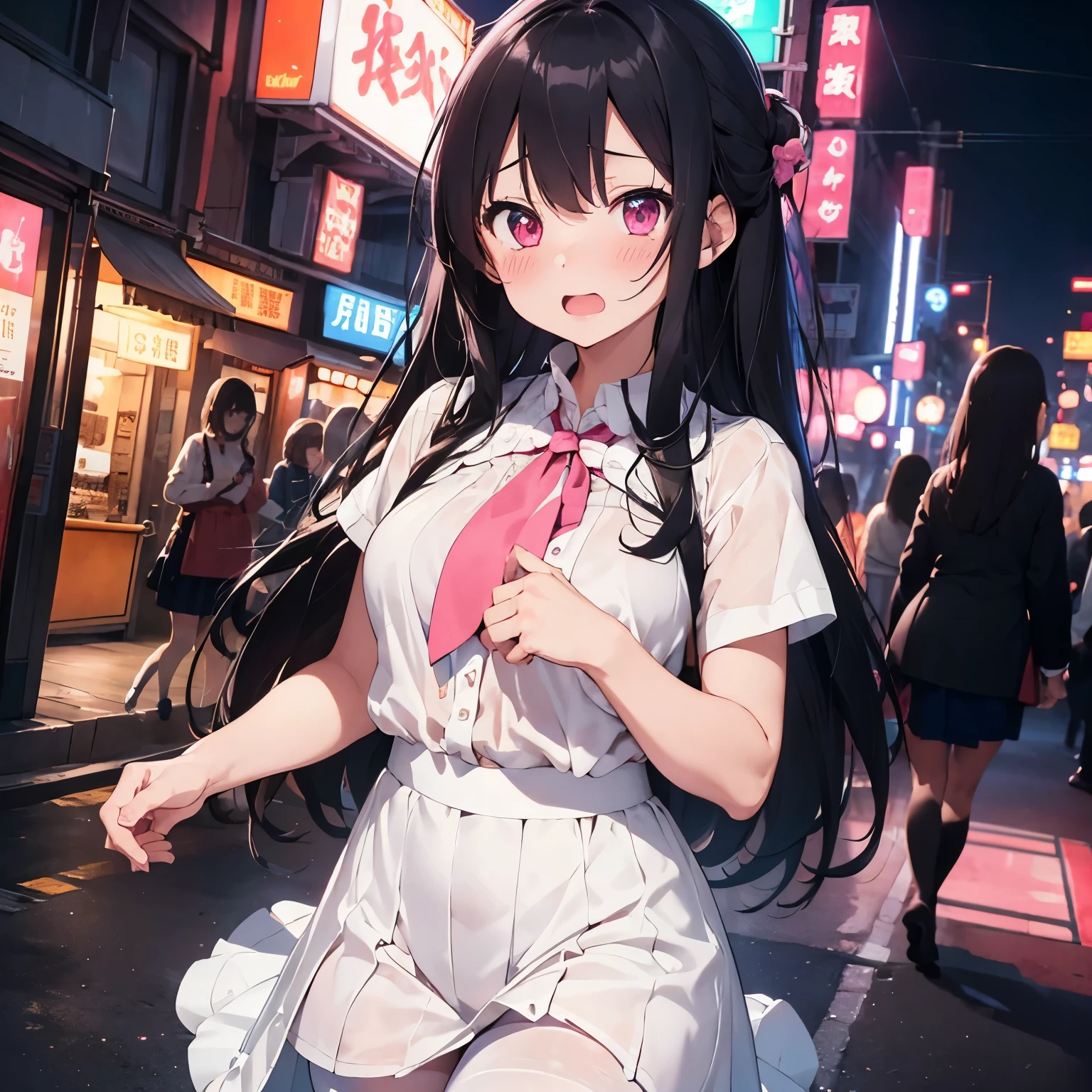 mastute piece,Best Quality,insanely detailed,8k cg,nsfw,
shoot upper body,
2girls,line up in a row,looking at viewer,body in front,standing,(white blouse shirt),break,(blue long skirt),break,(white tights),
BREAK,
blush,shy,ecstasy face,gasping,(trembling:1.2),pink long hair,break,open mouth,(neon street:1.3),(love hotel:1.3),night,