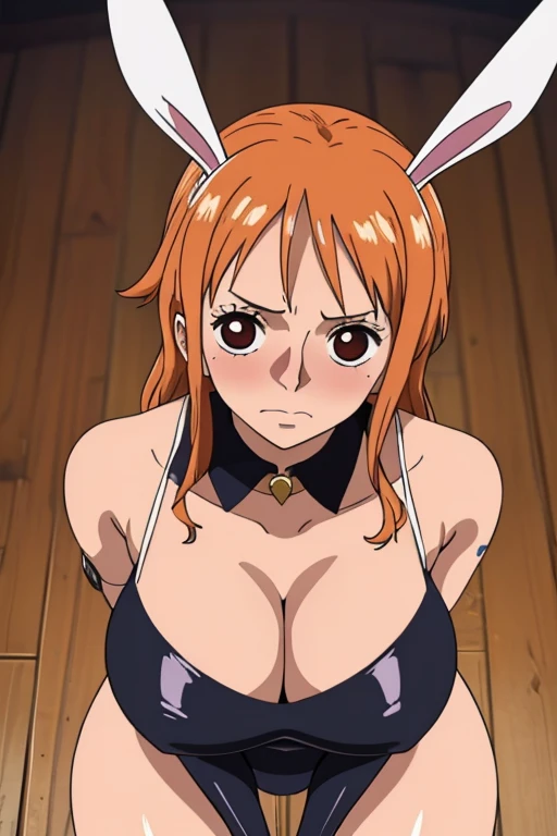 Big chest, chest, whole body,Thighs,Light blush, Bodysuits,Black,Bunny ears,looking at the camera, making eye contact, Light blush, valley,Large Breasts, Looking up,licking,To lick and hold between the cleavage