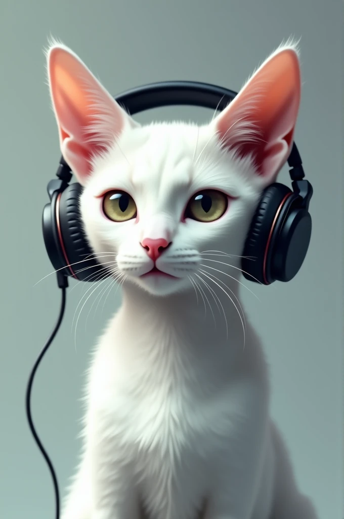 A white cat wearing headphones。The nose is pink。Cool impression。