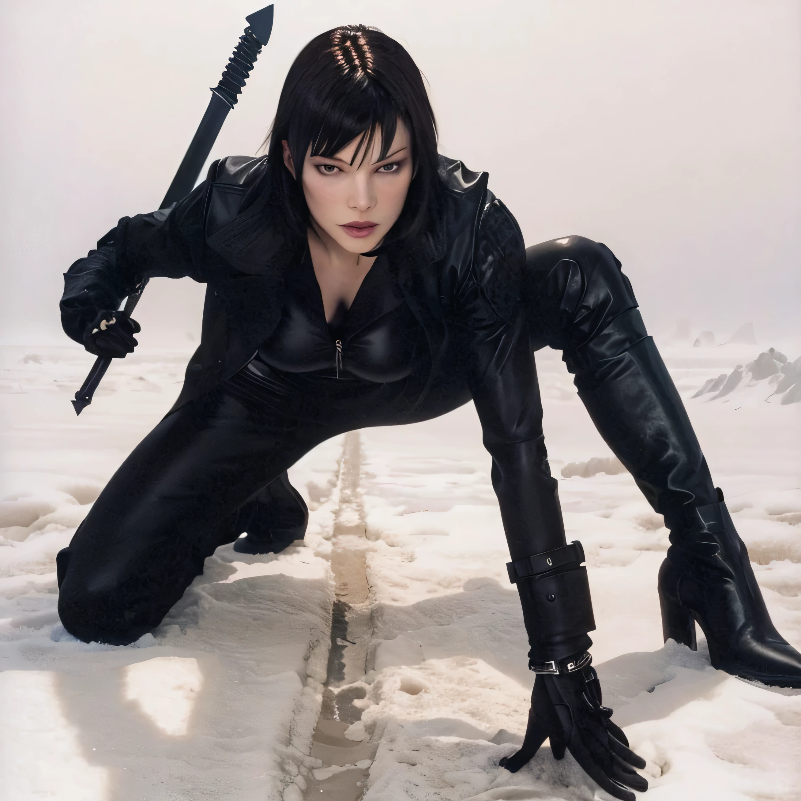 Arafed woman dressed in black leather holding a sword., Flow of eons style, Milla Jovovich as the spider woman, style is a blend of æon flux, villain, style mix of æon flux, Flow of eons, Thierry Mugler, Motoko Kusanagi, Pose Rudo, in a mixed æon flux style, milla jovovich