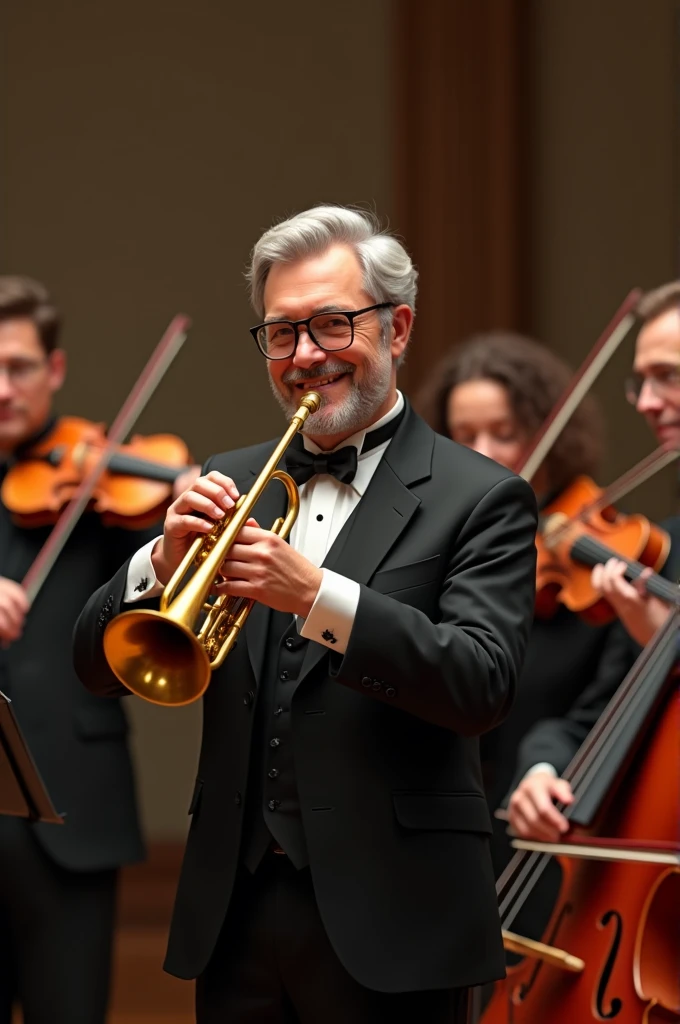 Create an image of
A string quartet violin Viola Cello ,Double bass  all Dressed in suits and ties of black race , Including the (Trumpeter) who will be in the center , a man between 50 and 60 years old, who wears reading glasses , brown eyes and a cheerful expression when playing the trumpet 
